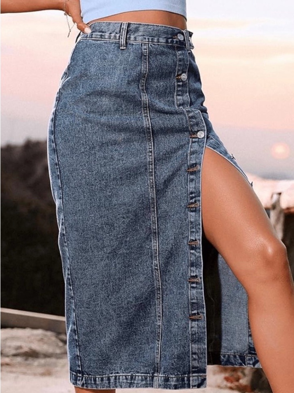Women’s Denim Midi Skirt Size M Button Front High Waist Acid Wash Blue Jean